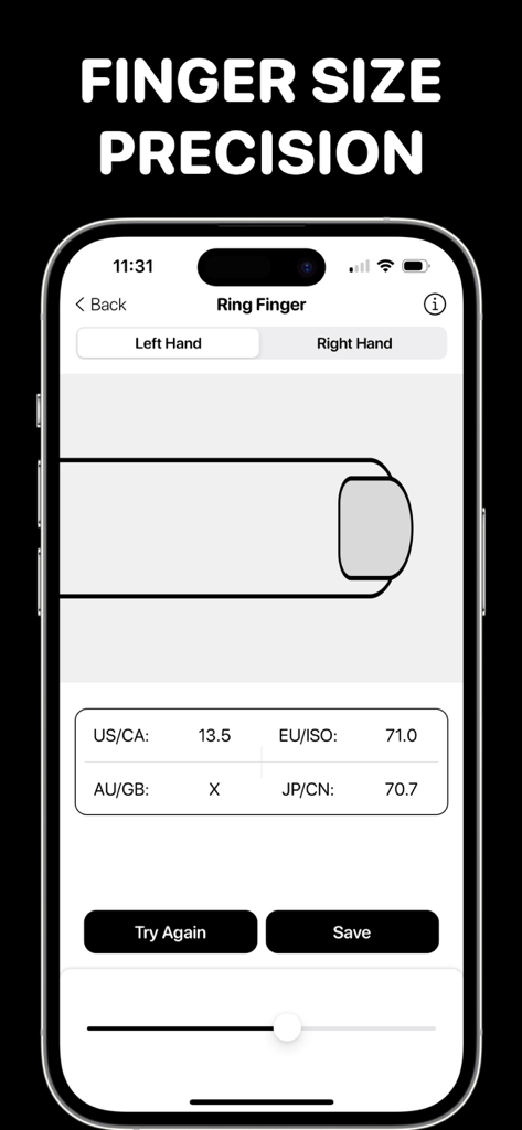 Ring Sizer Tool - Ring Sizer Tool app interface showing finger size measurement and international size conversion