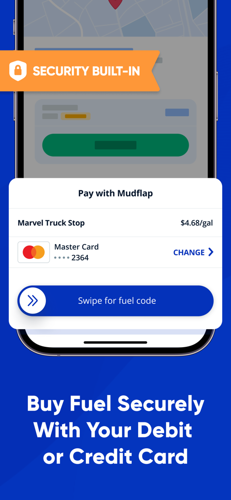 Mudflap - Secure fuel payment interface on Mudflap app for truck drivers using credit or debit cards