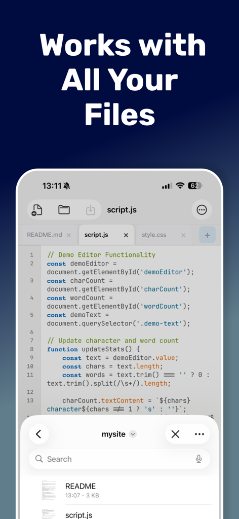 txt.edit - Simple Text Editor - Interfaz de la aplicación txt.edit mostrando un archivo JavaScript con resaltado de sintaxis y gestión de archivos integrada.