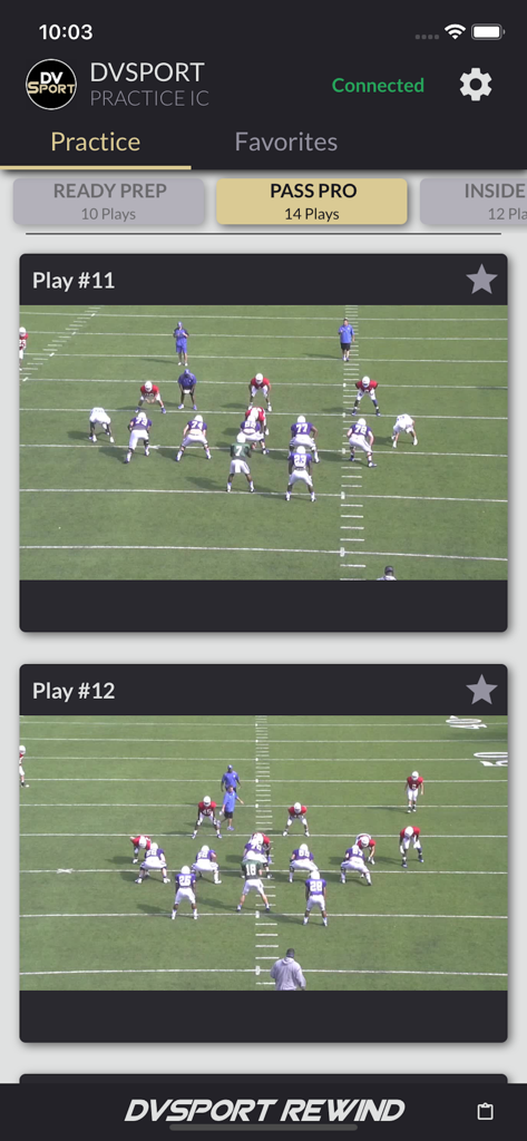 Mobile screen of DVSport 360 Rewind displaying football practice plays for coaching review