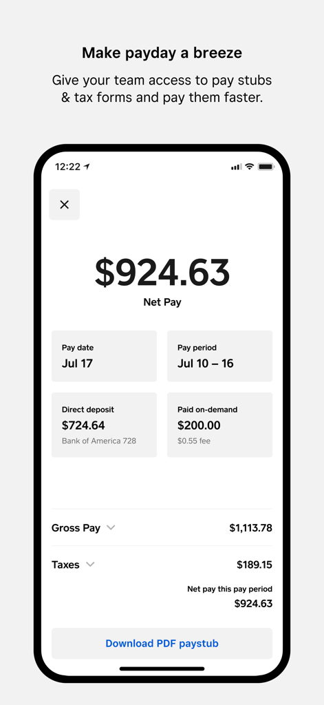 Mobile view of the Square Team app displaying a detailed pay stub summary with net pay and deposit information