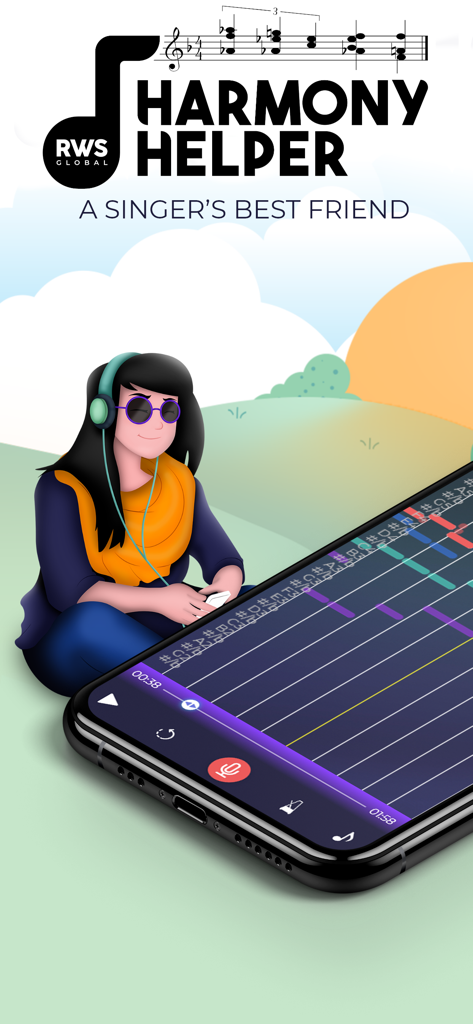 Harmony Helper app interface showing a singer practicing with headphones and real-time pitch tracking visualization