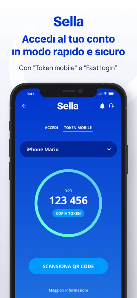 Sella - Interfaccia di sicurezza dell'app di mobile banking Sella che mostra un codice token mobile e uno scanner di codici QR per un accesso sicuro