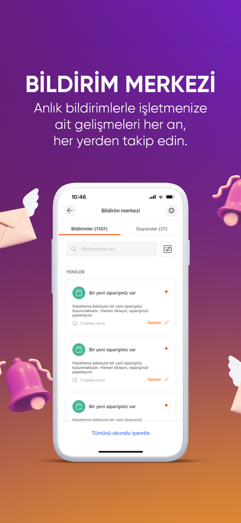 Hepsiburada İş Ortağım - Tela de smartphone mostrando o centro de notificações do aplicativo parceiro de negócios Hepsiburada com alertas de novos pedidos