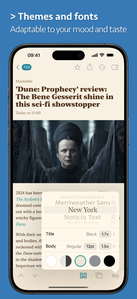 News Explorer app on iPhone showing customizable themes and fonts settings for article reading.