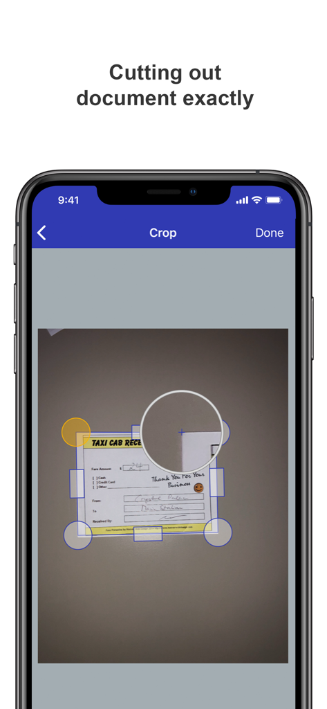PaperScan - Mobile app interface of PaperScan showing the automatic document cropping tool on a taxi receipt