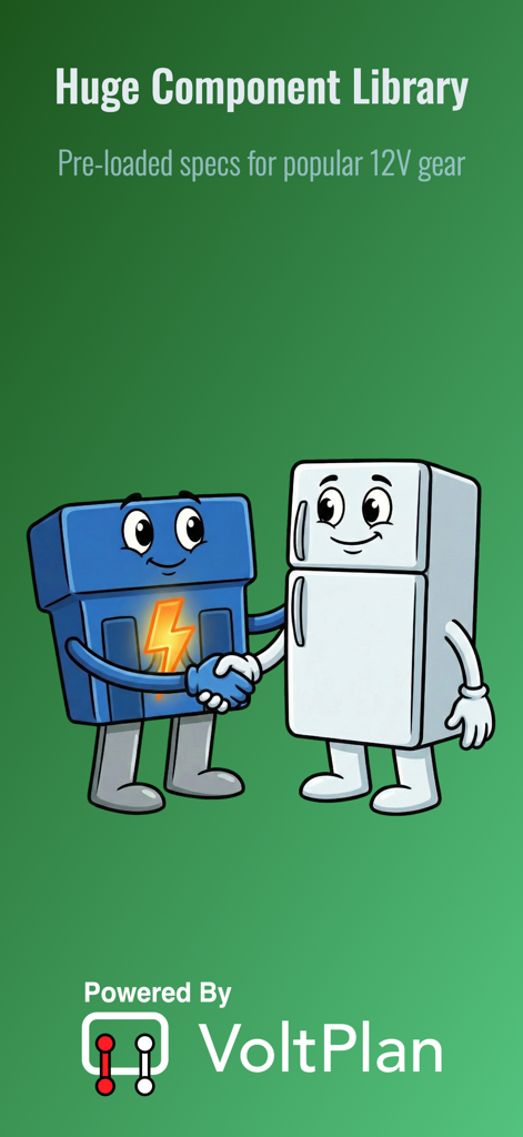 Cartoon illustration of a battery and refrigerator shaking hands representing a pre loaded 12V gear component library