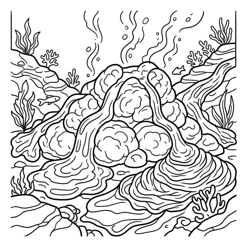 Get ready for an exciting underwater adventure with our Submarine Lava Flow coloring page, perfect for curious kids aged 4-8. This detailed scene features dynamic lava flows, unique pillow formations, and fascinating marine life waiting for your vibrant colors.