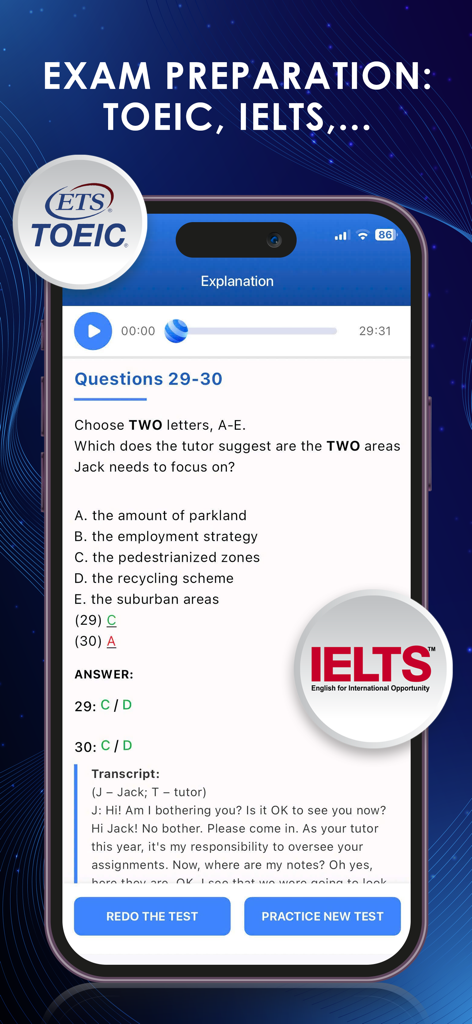 Persian Dictionary - ديكشنري - リスニング練習問題を含むIELTSおよびTOEIC試験対策を示すペルシア語辞書アプリの画面