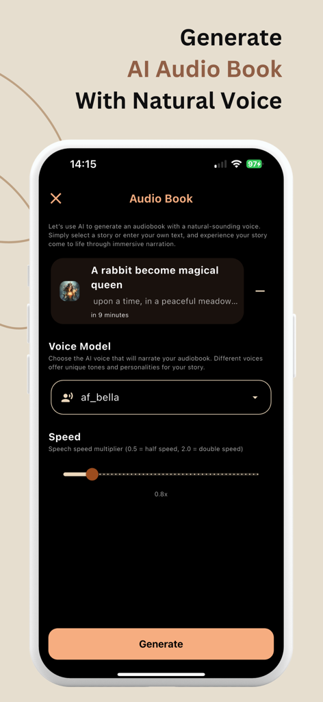 Pantalla de smartphone que muestra la interfaz de la aplicación Rabi para generar audiolibros de IA con selección de voz natural y controles de velocidad