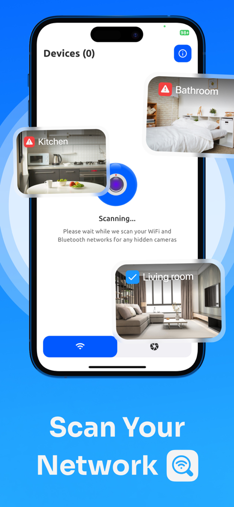 Hidden Camera Detector - CamX - A smartphone screen displaying the CamX app scanning WiFi and Bluetooth networks for hidden cameras in various rooms.