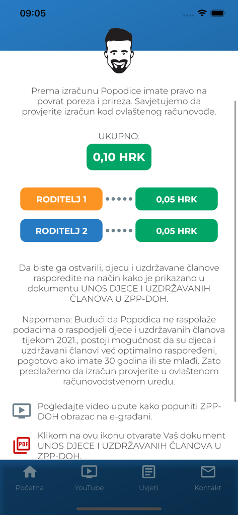 Interfaz de la aplicación Toni Milun que muestra un cálculo de declaración de impuestos para padres que utilizan la herramienta Popodica.