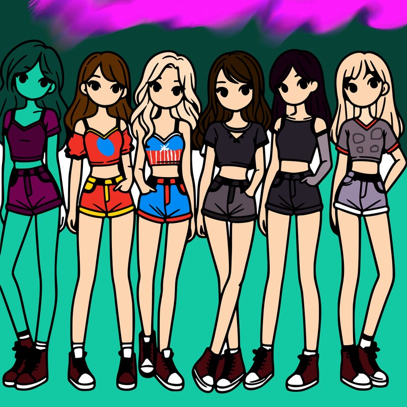 a group of girls wearing crop tops and shorts