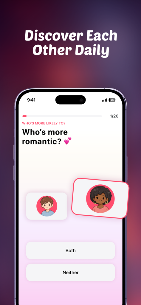 Cuties: App for Couples - Uma tela móvel do aplicativo Cuties perguntando aos casais Quem é mais romântico como parte de um jogo diário de descoberta