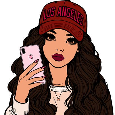 realistic beautiful girl wearing los ángeles cap holding an iphone