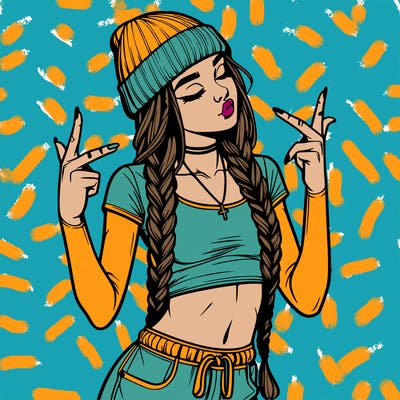 realistic teenage girl with braids and a beanie and crop top doing 🫶🏼