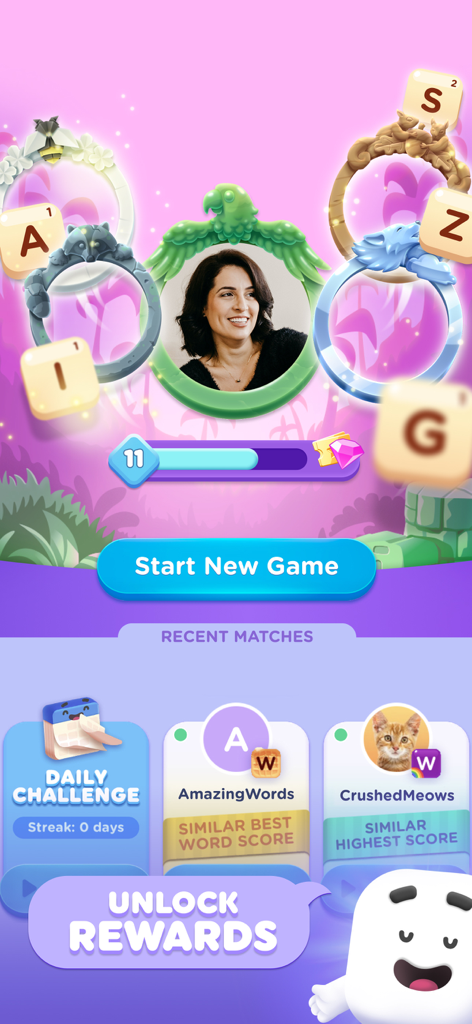 Wordzee! - Puzzle Word Game - Wordzeeモバイルゲームのメインメニュー。最近のマッチとゲーム開始ボタンが表示されています。