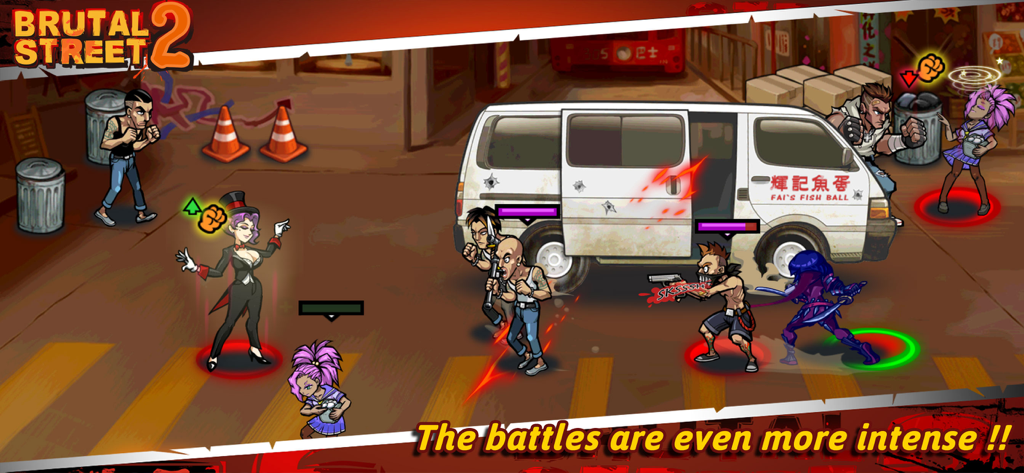 An action-packed street battle in Brutal Street 2 featuring diverse heroes and enemies in a 90s arcade-style urban setting.