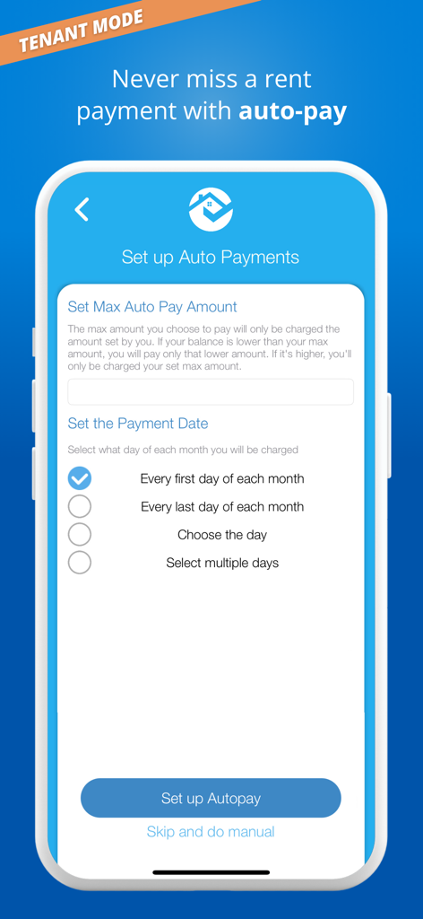 RentRedi for Tenants & Owners - RentRedi mobile app screen for tenants to set up automatic monthly rent payments