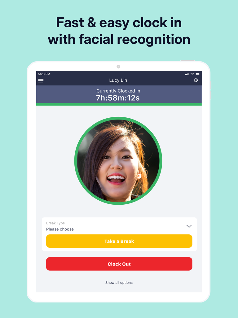 Auris Time Clock app interface on an iPad showing facial recognition for an employee to clock out or take a break.
