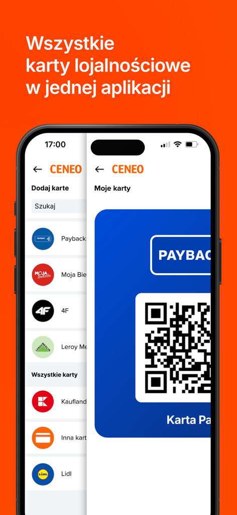 Ceneo: porównywarka cen online - Interfaz de la aplicación Ceneo que muestra una billetera digital para varias tarjetas de fidelización de tiendas polacas con una pantalla de código QR