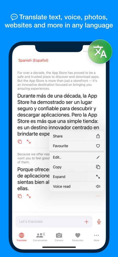 iPhone에서 영어-스페인어 텍스트 번역을 보여주는 문서 번역기 앱 인터페이스