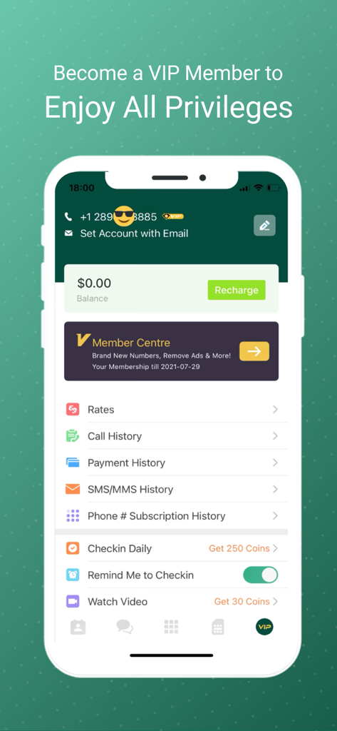 WeTalk Pro app account interface showing VIP membership privileges, balance recharge, and call history menu.