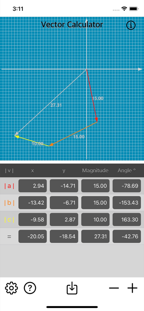 Vector Calculator Plus app interface displaying multiple vectors on a blue grid with a calculation table