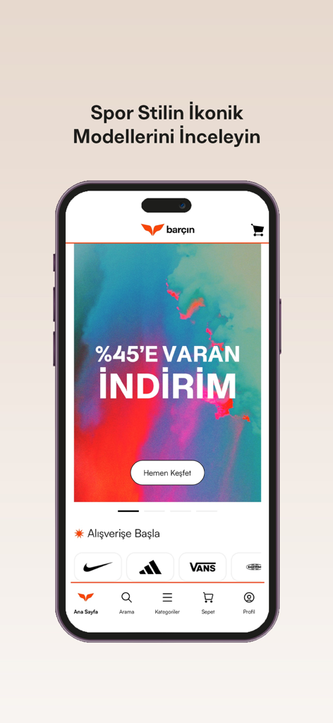 Barçın - Barcin mobile app homepage featuring a 45 percent discount banner and iconic brand logos like Nike and Adidas