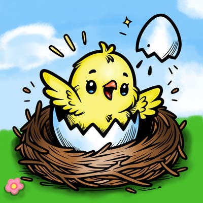 a baby chick hatching from an egg in a nest