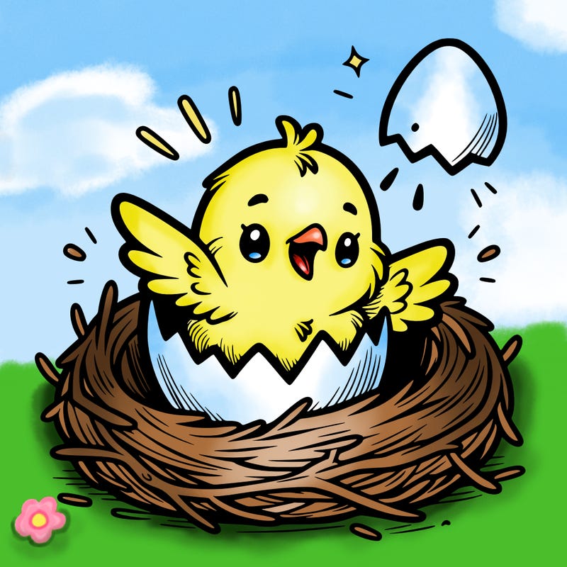 a baby chick hatching from an egg in a nest
