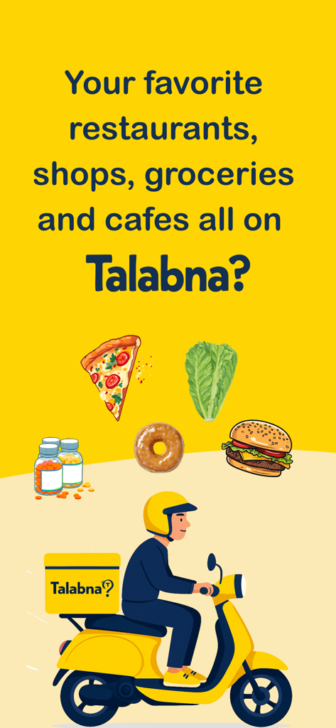 Talabna delivery app promo graphic featuring a rider on a yellow scooter and various food icons