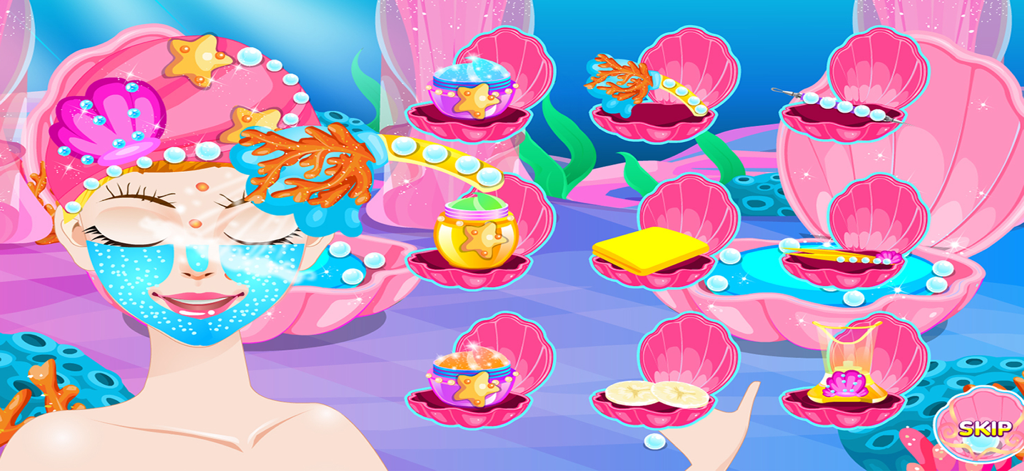 Mermaid Games, Dressing & Hair - A mermaid character receiving a spa facial treatment with various skincare products in clam shells