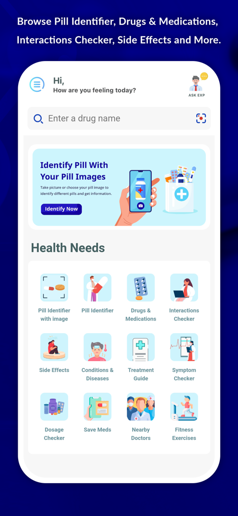 The home screen of the Pill Identifier Pro app showing various health management features including pill identification by image, drug interactions checker, and symptom checker.