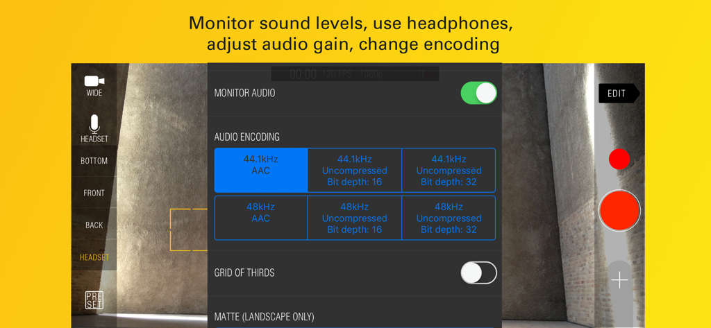 Kinomatic - Pro Video Camera - Kinomatic app interface showing advanced audio encoding and microphone selection settings for professional mobile filmmaking.