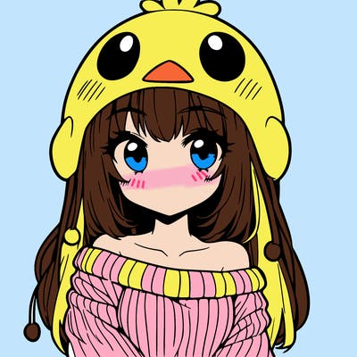 anime girl with chick shaped hat with sweater with bare shoulders with bangs covering them one eye with low tail
