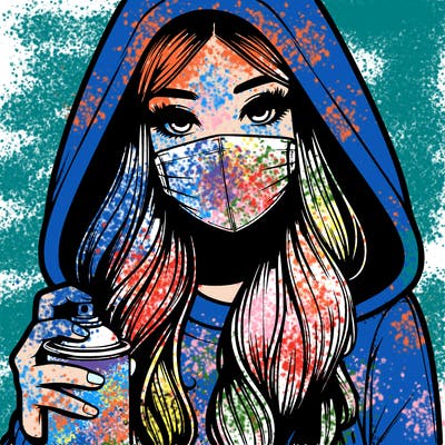 girl wearing a mask with long hair with her hood up spray-painting realistic