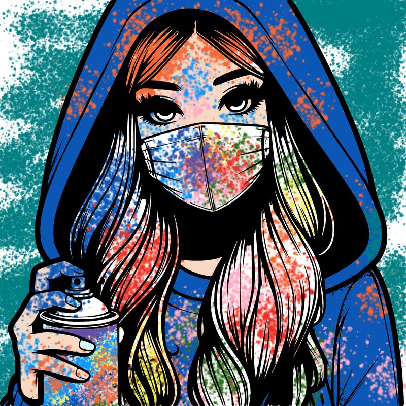 girl wearing a mask with long hair with her hood up spray-painting realistic