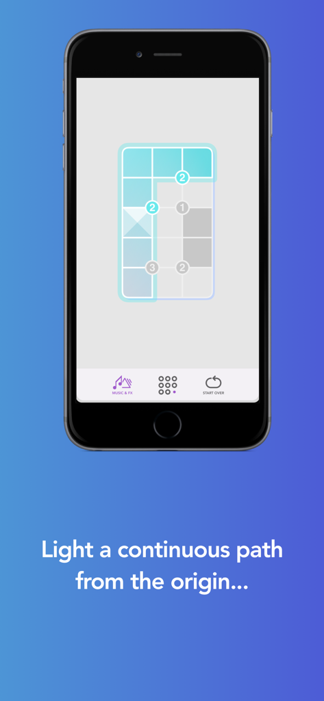 Radiant Grid - Jogo de quebra-cabeça mobile Radiant Grid mostrando uma grade minimalista com um caminho azul contínuo sendo iluminado com base em pistas numéricas