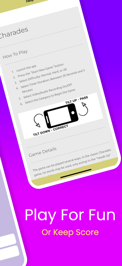 Heads Up For Kids & Family - Instruction screen for Heads Up For Kids and Family showing how to tilt the phone to play charades.