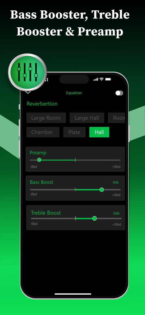 Equalizer screen with bass booster and treble booster in Offline Music Player app