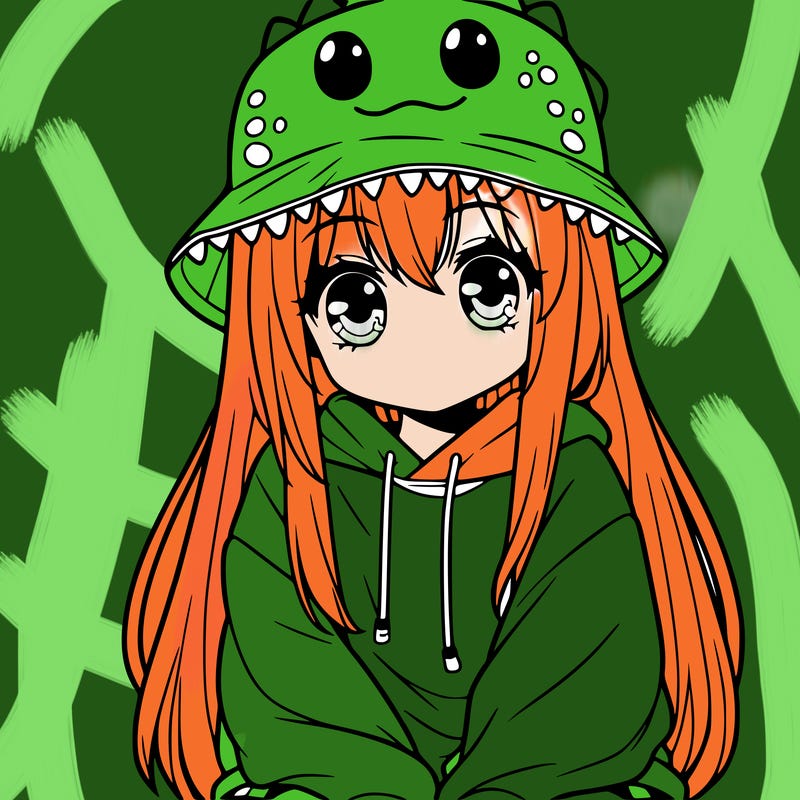 girl with anime shaped eyes with a dinosaur bucket hat oversized sweatshirt long straight hair