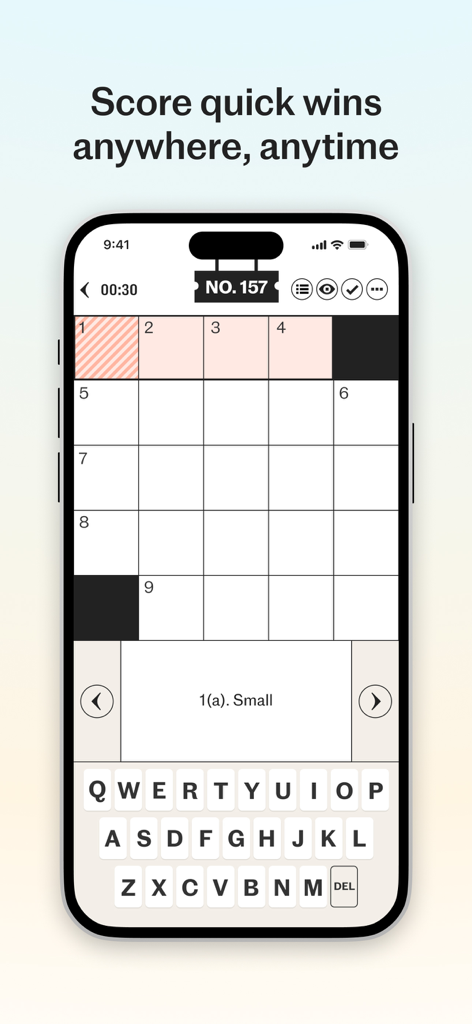 Telegraph Puzzles - Telegraph Puzzles mobile app interface showing a crossword grid and keyboard on an iPhone