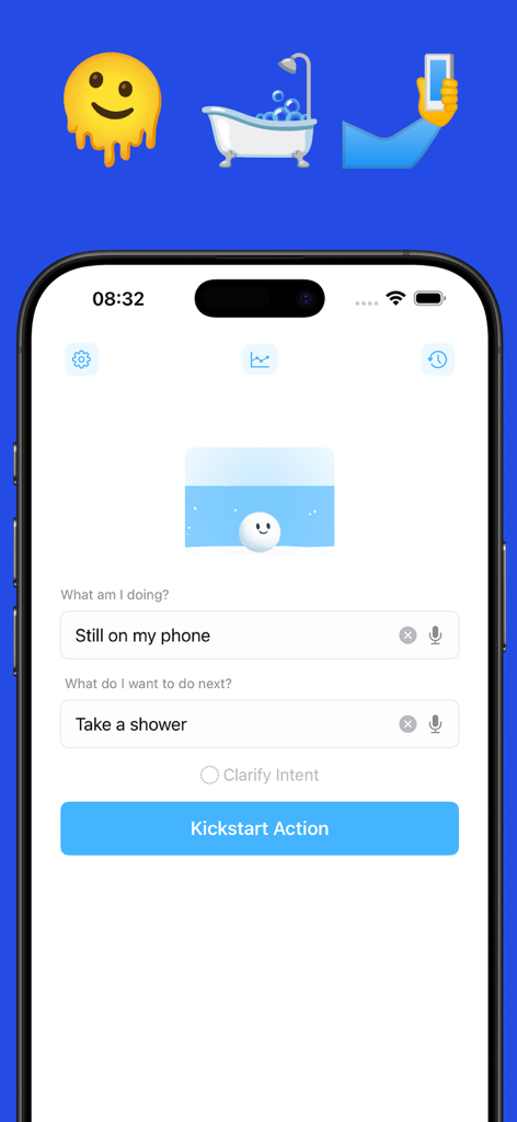 Snowballing - Start small - Mobile app interface showing the kickstart action screen to transition from phone usage to a new task.