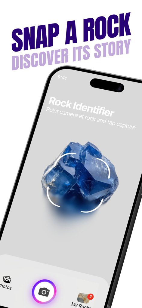 Rock Identifier: Stones ID - Rock Identifier app screen showing a blue mineral being scanned by a smartphone camera