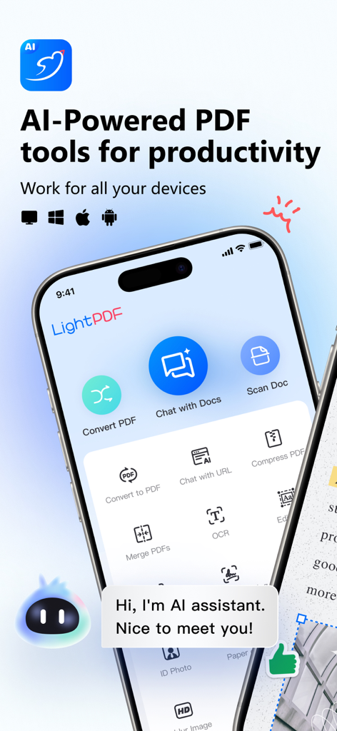 LightPDF app interface displaying AI powered document tools like scanning and chatting with PDFs