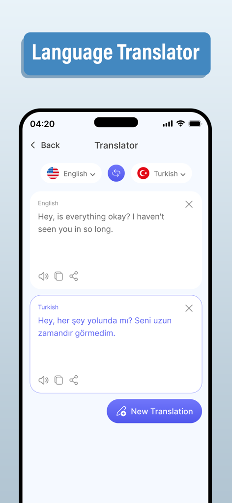 GPS & Maps Navigator - Interface of the language translator feature within the GPS and Maps Navigator app showing an English to Turkish translation.