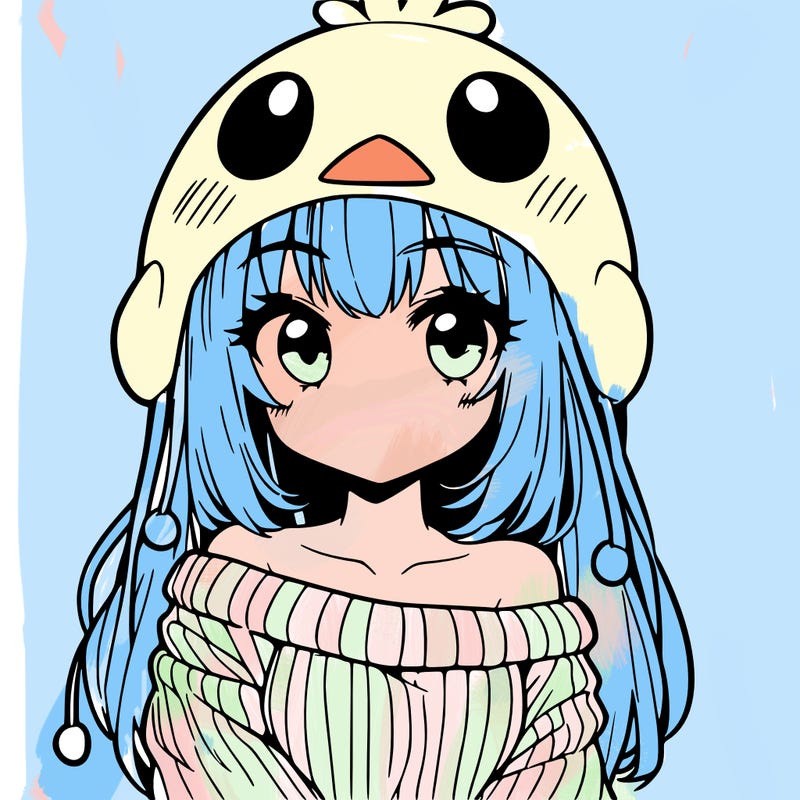 anime girl with chick shaped hat with sweater with bare shoulders with bangs covering them one eye with low tail