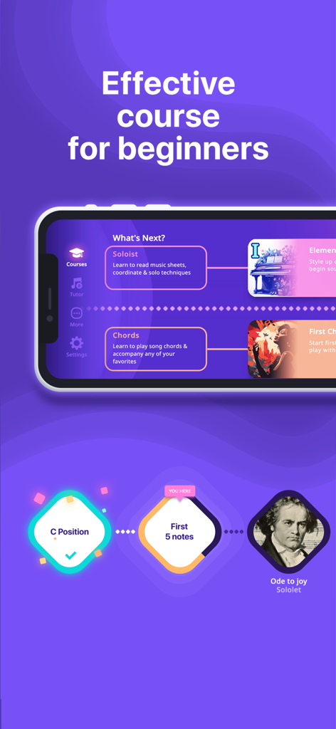 Simpia – Learn piano by songs - Simpia app interface showing a step-by-step piano learning path for beginners with song goals