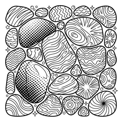 This coloring page combines the natural beauty of river rocks with the dynamic flair of Pop Art. Discover a captivating collection of geological forms, each adorned with bold outlines and striking patterns, ready for your creative touch.